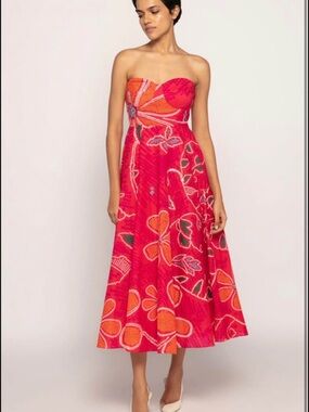 Strapless Pink Floral Print Midi Dress